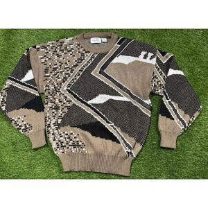 Vintage Mister Man Sweater Brown Black White Leather Trim Size XL Retro